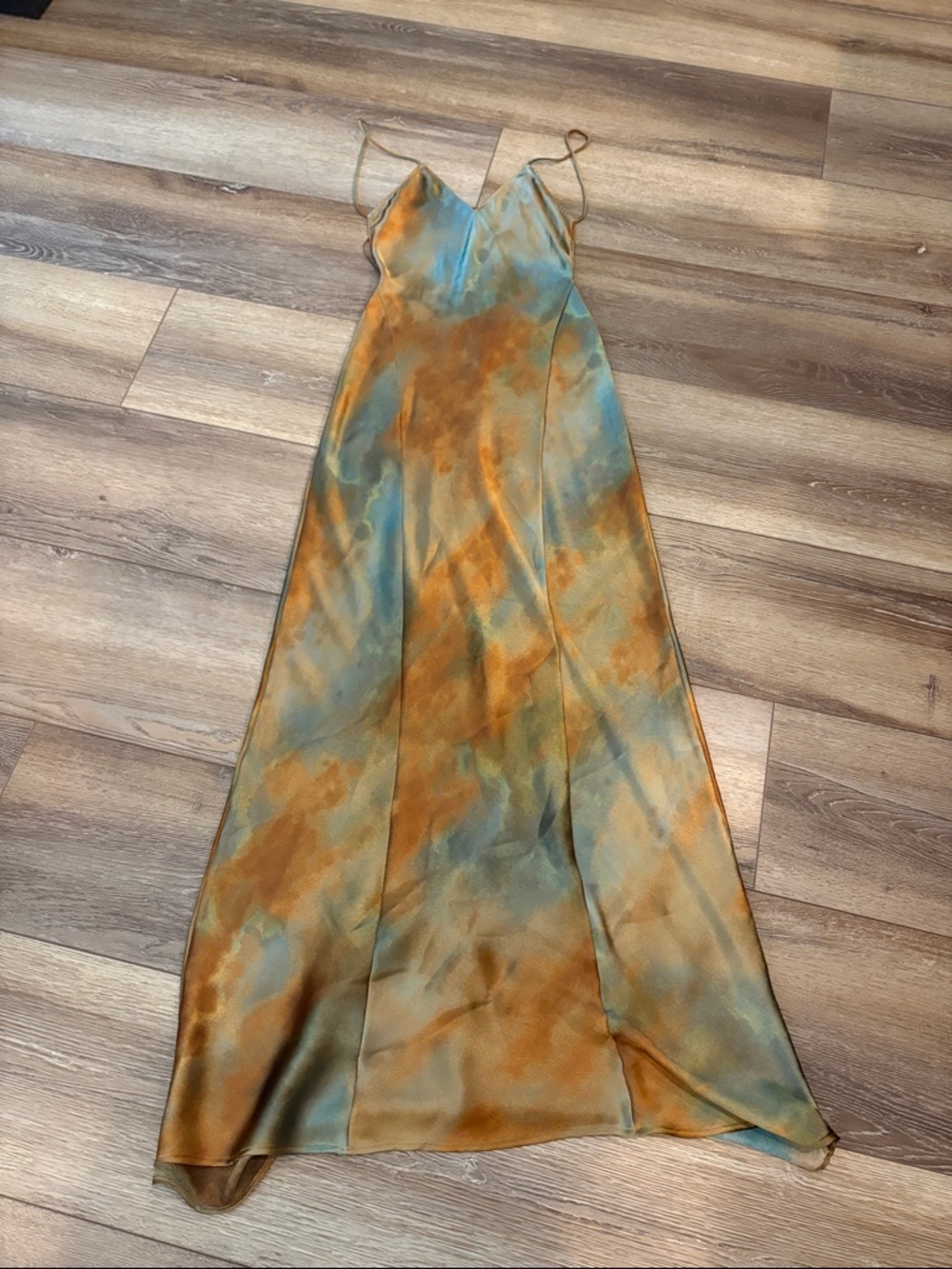 Zara Teal & Burnt Orange Watercolor Maxi Slip Dress